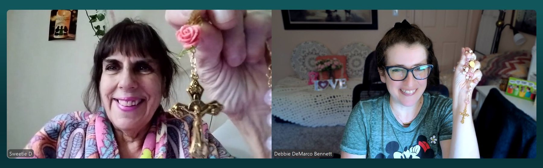 Rosemarie and Debbie smiling on a Zoom call, each holding up her rosary